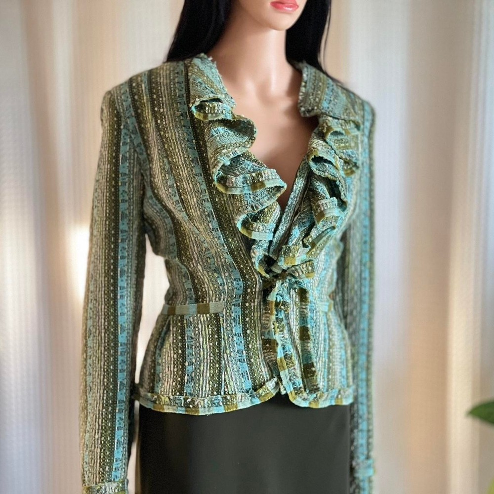 Vintage Y2K ECI New York Green Ruffle Lapel Tweed Blazer‎ Jacket Size 14